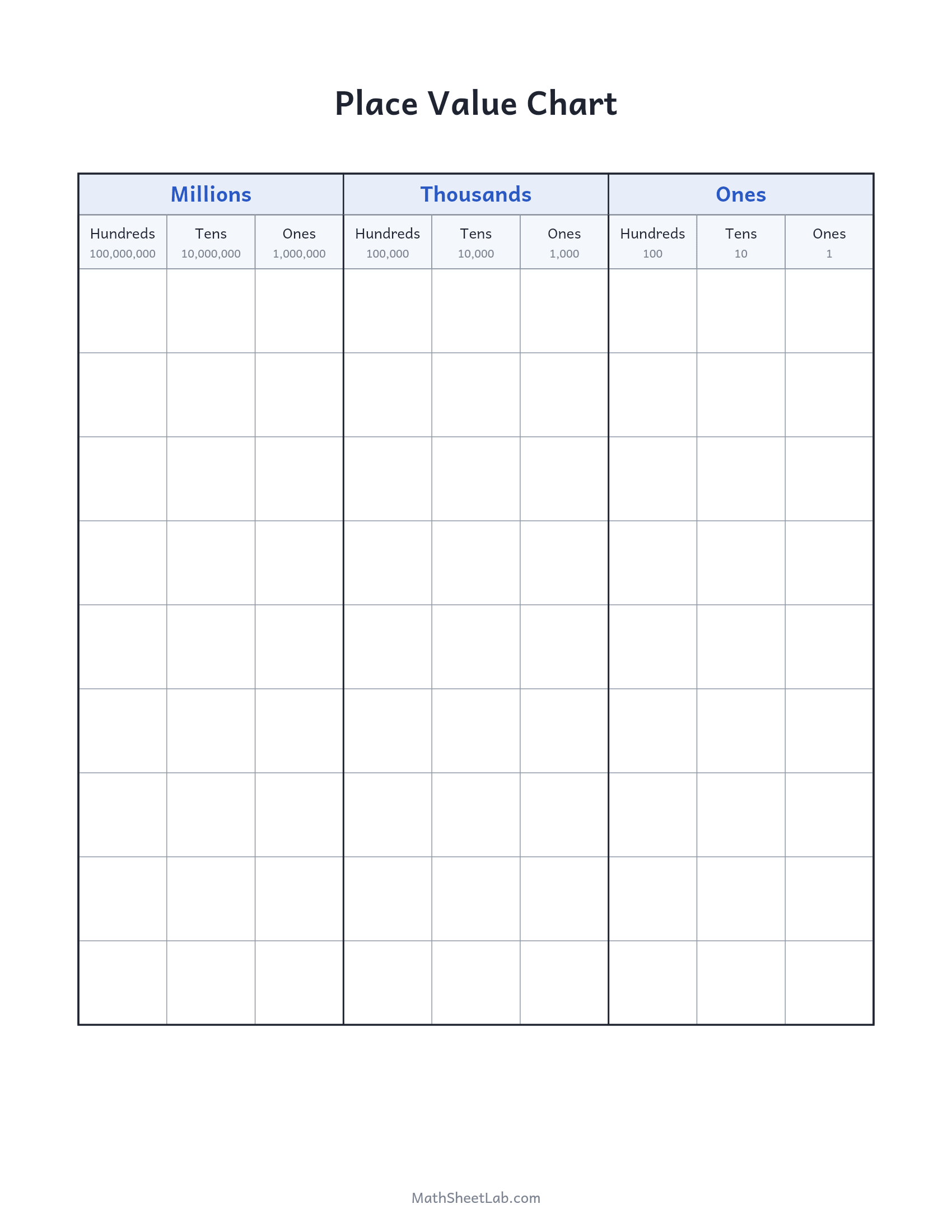 Place value chart — free printable PDF preview