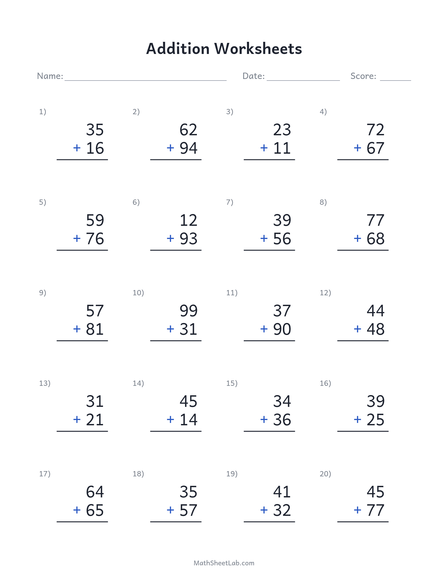Addition worksheets — free printable PDF preview
