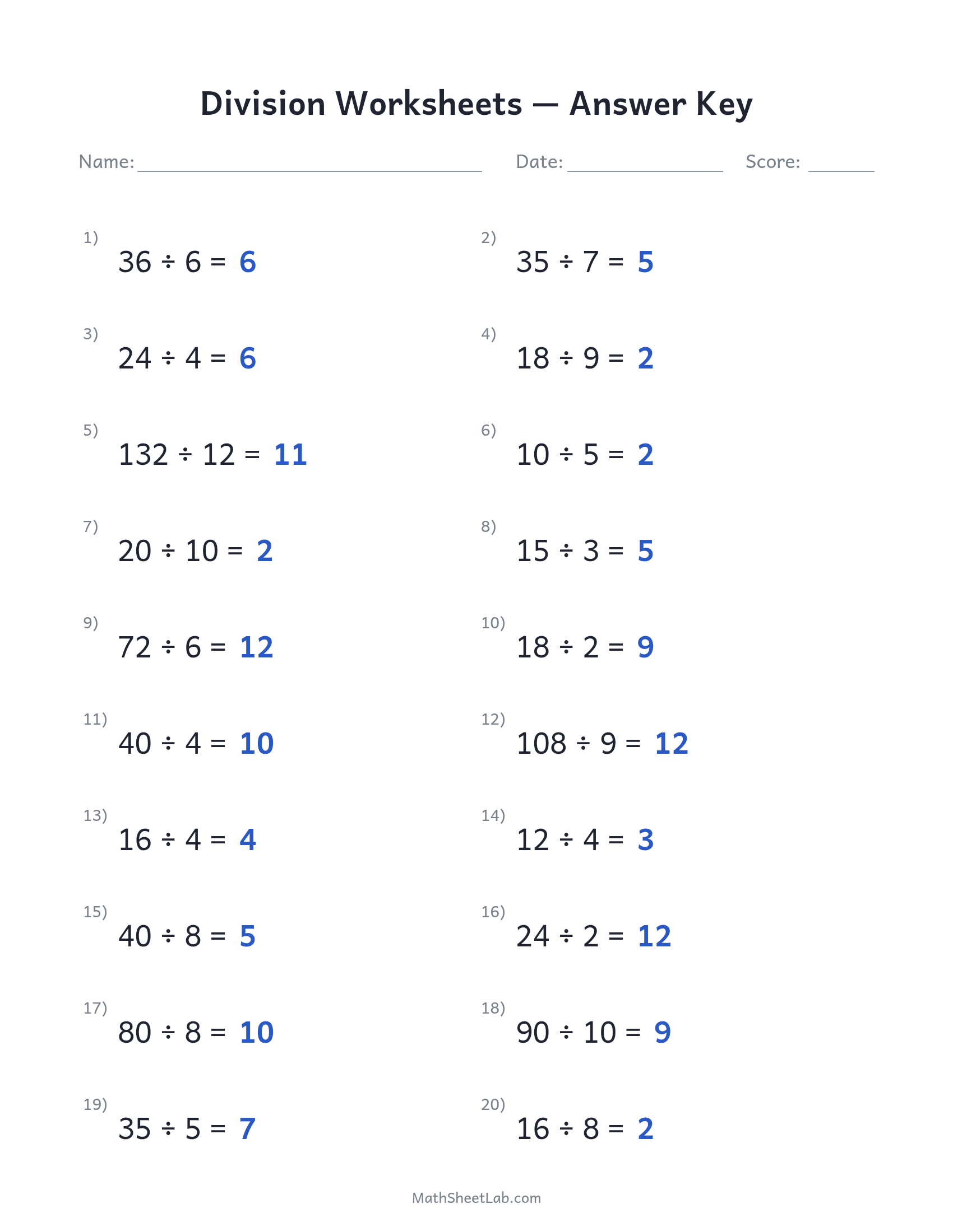 Division worksheets answer key preview
