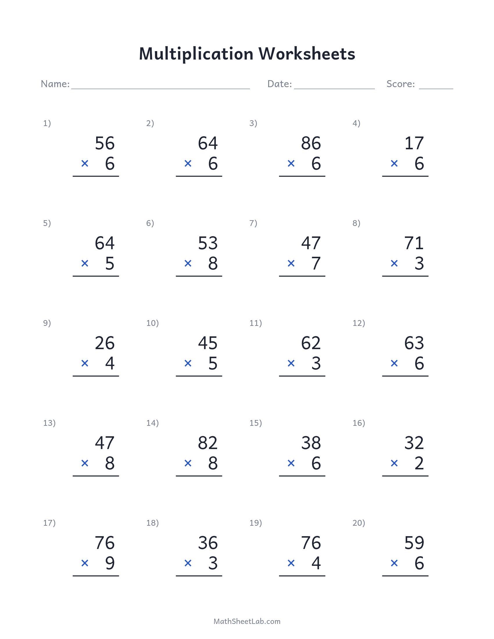 Multiplication worksheets — free printable PDF preview
