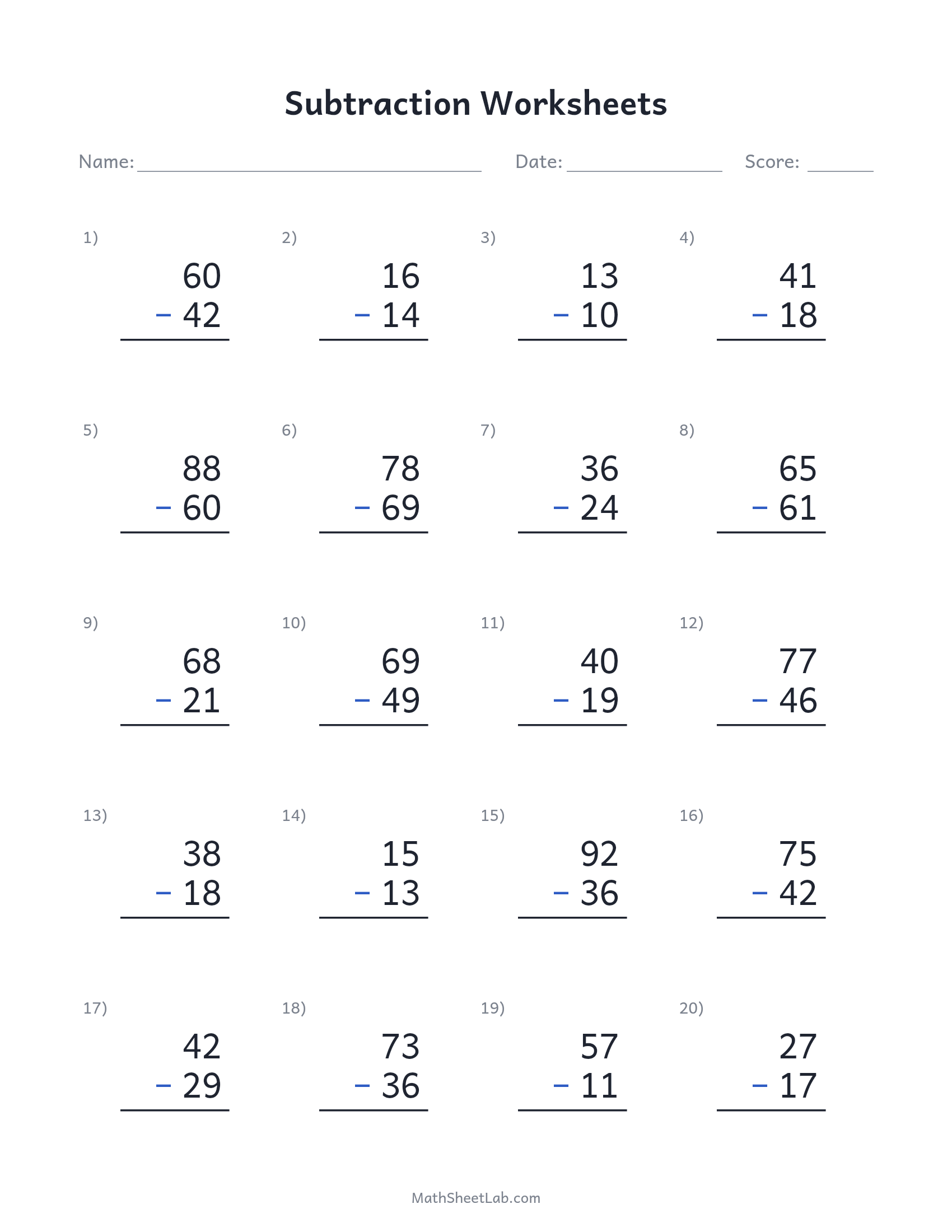 Subtraction worksheets — free printable PDF preview
